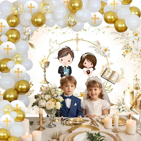 Baptism First Communion Decorations Primera Comunion Decoracion,Mi Nuestra Primera Comunion Backdrop Banner White Gold First Communion Balloon Arch,God Bless Bautizo 1st Holy Communion Decor in Saudi Arabia
