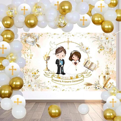 Baptism First Communion Decorations Primera Comunion Decoracion,Mi Nuestra Primera Comunion Backdrop Banner White Gold First Communion Balloon Arch,God Bless Bautizo 1st Holy Communion Decor in Saudi Arabia
