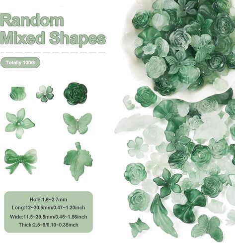 Beadthoven 100G Assorted Acrylic Beads - Green Frosted Flower, Butterfly, Leaf, Bow Shape - Crystal Acrylic Kawaii Cute Aesthetic Beads for Jewelry Making - Bracelet, Necklace, Keychain - DIY Crafts in Saudi Arabia