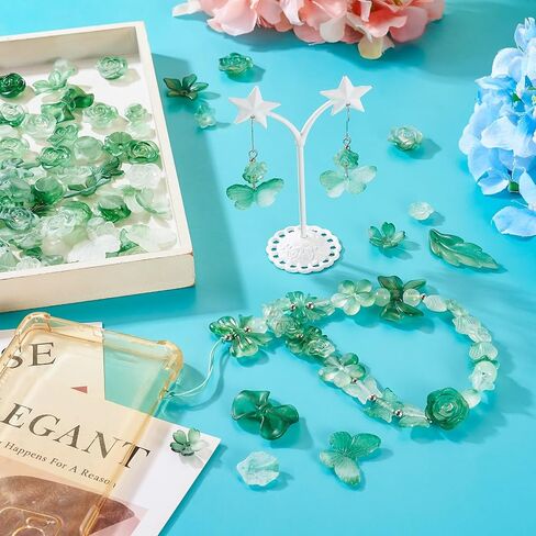 Beadthoven 100G Assorted Acrylic Beads - Green Frosted Flower, Butterfly, Leaf, Bow Shape - Crystal Acrylic Kawaii Cute Aesthetic Beads for Jewelry Making - Bracelet, Necklace, Keychain - DIY Crafts in Saudi Arabia