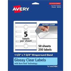Avery Glossy Clear Wraplound Labels مع تغذية مؤكدة ، 1.5 "× 7.75" ، ملصقات فرقة السيجار ، 125 إجمالي ، طباعة إلى الحافة ، ليزر/حبر قابلة للطباعة