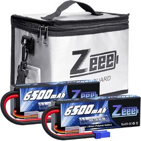 Zeee 2S Lipo Battery 6500mAh 7.4V 120C Hard Case Battery EC5 Connector 2 Pack Batteries with 1 Pcs Lipo Safe Bag Fireproof Explosionproof Bag for Storage Charging