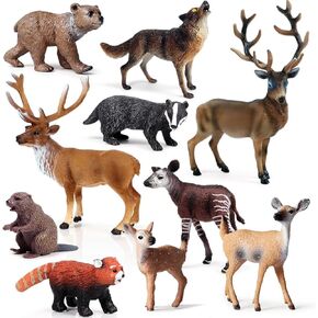 eoivsh 10pcs شخصيات الغابات ، التماثيل واقعية الغابات ، ألعاب الغابة البلاستيكية مع الغزلان elfl wolf bear okapi panda badger badger