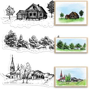 House Tree Clear Stamps for Card Making and Photo Album Decorations,Cabin Village Forest Trees Transparent Silicone Rubber Stamps for Card Making and DIY Scrapbooking