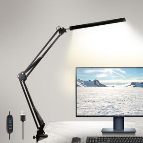 LED Desk Lamp with Clamp,Eye-Caring Desk Light with Clamp,Swing Arm Lamp Includes 3 Color Modes&10 Dimmable Brightness,Desk Lamp with USB Charging Port for Home Office,Reading(Black,12W)