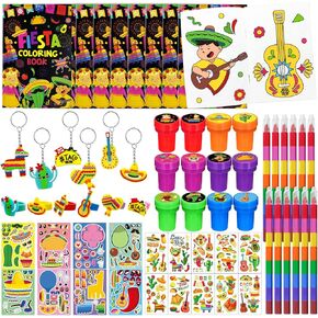 Cinrobiye 72 PCS Fiesta Party Mexican Fiesta Favors ، Colling Books & Crayons Set ، Cinco de Mayo Pinata Goodie Bag Fillers ، Day of the Dead Craft Kit ، ملصقات ، وشم لحفلات Taco & Holiday