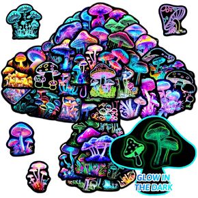 50 PCS Neon Mushroom Stickers for Kids Glow في شارات الغطاء النباتي فينيل المظلمة المظلمة لجهاز الكمبيوتر المحمول زجاجة ماء ، و Teens Girls Boy