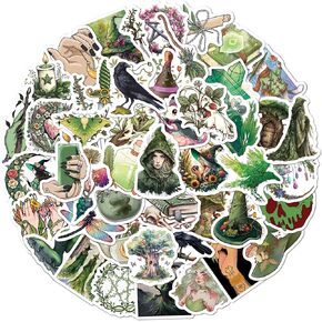 ملصقات Beatri Witchy 50pcs الغابات السحرية السحرية الساحرة التجميلية ، والأفلام الخضراء ، والملصقات السحرية الساحرة فينيل مقاومة للماء لزجاجة المياه ، والكمبيوتر المحمول ، وسردة اليقظة