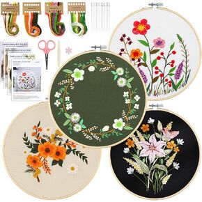 4 Pack Embroidery Kit for Beginners, Adults Cross Stitching DIY Starter Kits with Flower Printed Patterns, 2 Bamboo Embroidery Hoop, Color Threads, Needle Tool, Instructions, Gift for Hand Craft Lover