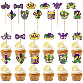 HONBAY 36PCS MARDI GRAS CUPCAKE TOPPERS MASSERADE Party Cake Cake Table Protiece Sticks for Birthday Wedding Supplies (12 Style)
