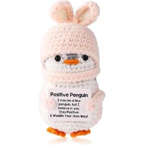 Positive Penguin Crochet, 4.5 Inch Easter Bunny-Ear Wool Yarn Knitted Potato Doll with Encouraging Card Emotional Plush Support Animals Gift for Friends Family Home Desktop Room Decor