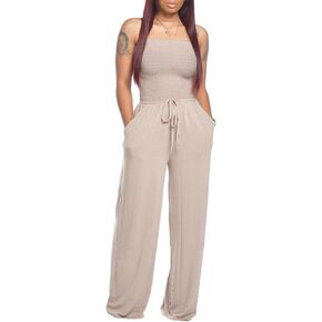 Women's Sexy Off Shoulder Elastic Smocked Wide Leg Jumpsuit Strapless Tube Top Flare Long Pants Romper with Pockets(WH,M)