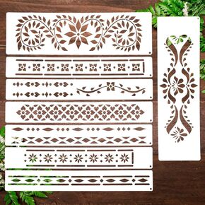 8pcs الطلاء الحدود الحدودية الخشبية ، والستنسل الزهور القابلة لإعادة الاستخدام للحرف اليدوية ، والزرقاء كبيرة النمط للطلاء ، وتزيين الكيك ، والدمكشي وجص stencilsfor الخشب