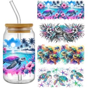 4 مساءً سلحفاة البحر UV DTF CUP WINTER UV DTF نقل ملصق مقاوم للماء للأكواب الزجاجية الحرف اليدوية DIY ， فرك على ملصقات النقل لمياه ماء زجاجة محمول شريحة الخشب