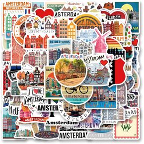 60pcs Amsterdam Stickers Decals Pack，Cute Cartoon Stickers Vinyl Reusable Non-Repeating Waterproof Vinyl for Kids Teens Adults，for Water Bottle Phone Laptop Guitar Scrapbook Skateboard Luggage