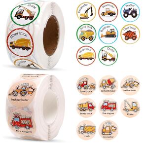 1000pcs ملصقات للسيارات والشاحنات للأطفال ، 1 بوصة البناء كرتون مركبة شارات الجولة نقل جرارات النقل لفة لفة للأولاد الأطفال الصغار طلاب مدرسة رياض الأطفال
