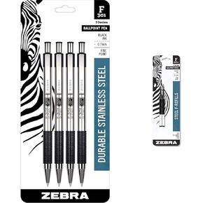 Zebra Pen F-301 Retractable Ballpoint Pen, Stainless Steel Barrel, Fine Point, 0.7mm, Black Ink, 4-Pack (Packaging May Vary) & Zebra® Ballpoint F-Refills For F-301, F-301 Ultra & 301 A Pens
