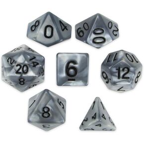 مجموعة زهر حذبة Quicksilver من 7 زهر متعدد السطوح ، Pearlescent Mercury Silver RPG Dice مع مربع عرض واضح