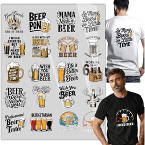 20 Sheets Beer Lover Iron on Transfers, DTF Transfers Ready to Press, Funny Beer Pattern for T-Shirts, Canvas Bag, Pillow, Hoodie DIY Crafts Gift for Dad