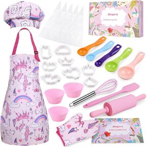 ANPRO COMPLOY KIDS COOKING and BAKING SET - 27 جهاز كمبيوتر يتضمن مآزر للفتيات ، قبعة الطهاة ، Mitt & Otensil لارتداء دور الأدوار المهنية في أزياء الطهاة لمدة 8-12 سنوات الفتيات