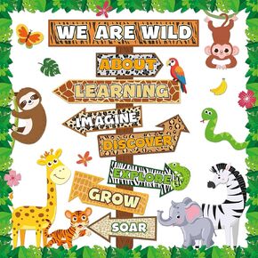 We are Wild About Learning Bulletin Board Set Jungle Animals Signpost Classroom Decorations Wild Monkey Elephant Safari Paper Cutouts for Teacher Summer Back to School Chalkboard Wall Decor Supplies