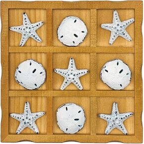 Wooden Tic - Tac - Toe Beach Decor Board Game with Sand Dollars & Starfish - Ideal for Family Gatherings & Parties (Blue)