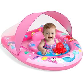 Sunrad Baby Pool Float with Canopy UPF50+ Sun Protection, Inflatable Baby Swim Float with Toy Play Console & Adjustable Safety Seat, Toddler Infant Pool Floaties for 6-36 Months (Pink)