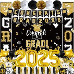 Ouddy Life Purple and Gold Decorations Class of 2025 ، 61pcs حفلات التخرج لحفلات التخرج تهانينا خلفية بانر باب الشرفة الأرجواني الذهب النجمة بالون للكلية الحرم الجامعي ديكور المدرسة