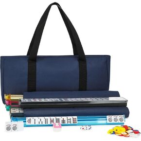 Mahjong Tile Set,166 White Tiles Mahjong Set, 4 All-in-One Rack/Pushers, American Mahjong Set with Blue Carrying Bag