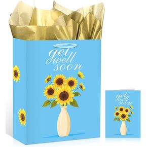 Get Well Soon Gifts Bag with Greeting Card and Tissue Paper Feel Better Gift for Women Man After Surgery Blue Daisy Inspirational Encouragement Gift Bag for Christmas Xmas Party Favors Supplies