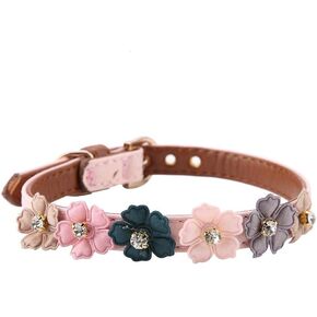 Dog Collar Adjustable PU Leather Flower with Diamond Dog Bow Tie(1.3*42cm-Pink)