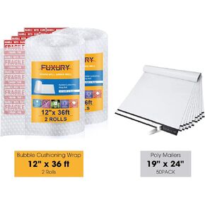 Fuxury Bubble Cushioning Wrap 2 Pack 12 inch x 72 ft Total for Packing and Moving + Poly Mailers 19x24 Inch 50 Pcs White, Strong Adhesive Shipping Envelopes Shipping Bags for Small Business Suppliers