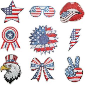 9 PCS 4th July Patches ، American Flag Patch Sew Iron on Desproidered Dister و Independence Day Iron on Patches for Hats والملابس والجينز والسترات والهدايا الحرفية DIY للأولاد والبنات (4 يوليو)