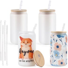 HTVRONT Sublimation Glass Blanks with Bamboo Lid - 16oz Frosted Sublimation Beer Can Glass - Sublimation Glass Tumblers for Iced Coffee Juice Soda Drinks (4 PACK)