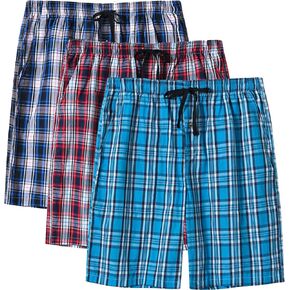 MoFiz Men's 3-Pack Woven Pajama Shorts Cotton Plaid Sleep Lounge Shorts with Button Fly