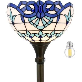 WERFACTORY Tiffany Floor Lamp Navy Blue Baroque Stained Glass Light 12X12X66 Inches Pole Torchiere Standing Corner Torch Uplight Decor Bedroom Living Room Home Office S003B Series