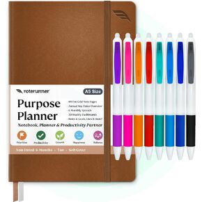 Roterunner Purpose Planner A5 TanSC & 8 Erasable Gel Pens FREE Refills