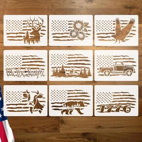 Stency Star Stars American Flag Stars: الطلاء من أجل الحرف اليدوية القابلة لإعادة الاستخدام 50 نجوم 1776 العلم العسكري الإستنسل الحرق الوطني للرسالة للرش على مجلة النسيج وود (9pcs-11.7 * 8.3inch)