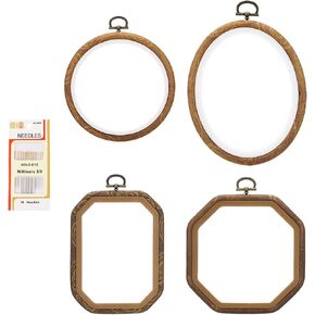 PATIKIL Mixed Sizes Embroidery Hoops Set, 4 Pieces Imitated Wood Circle Oval Octagonal Frame Cross Stitch Hoop Ring with Needle for Embroidery Art Craft Sewing Ornaments Hanging Decoration