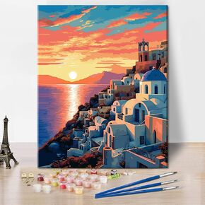 طلاء Tumovo DIY بأرقام للبالغين ، وطلاء بحر إيجه بأرقام ، ومساحة البالغين 16 × 20 بوصة بأعداد أرقام على القماش ، والألوان الساحلية اليونانية بألوان فنية بدون طيور.
