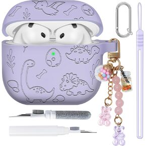 Silicone Cover for AirPods 4 Case Engraved - Cute Dino Animal Engraved Protective Case Skin for AirPods 4th Generation Case with Magnetic Lanyard, Adjustable Wrist Strap 5 in1 Set Gen 4th Case - Green