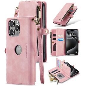 Defencase Logo View for iPhone 15 Case Wallet RFID Blocking with Card Holder for Women and Men Suede PU Leather Magnetic Flip Strap Zipper Pocket Protective Phone Case for iPhone 15 6.1", Light Purple