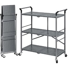 SNTD 3 Tier Rolling Carts with Wheels - Metal Folding Utility Cart for Office Kitchen Garage, Grey
