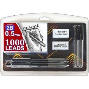 Mechanical Pencil Set, 2 PCS 0.5mm Mechanical Pencils,1000 PCS 0.5mm 0.5 Millimeter 2B Lead Refills, 2 PCS Tubes, 2 PCS Erasers