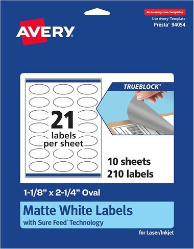 Avery TrueBlock Matte White Oval Labels مع تغذية مؤكدة ، 1-1/8 "× 2-1/4" ، 210 ملصقات بيضاء غير لامعة ، ملصقات طباعة للطباعة والليزر/الحبر القابلة للطباعة ، رائعة للتغليف وملصقات المنتجات in Kuwait
