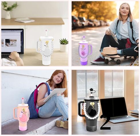 Stanley Cup Accessories Set Water Bottle Holder Strap Straw Cover Cap for Stanley Cup Charms Boot Flower Stanley Cup 30oz 40oz Accessories Cute Silicone Stanley Straw Topper Charms Boot in Kuwait