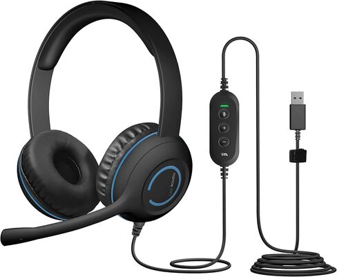 Cyber Acoustics AC-5008A USB-A Headset with in-Line Volume Control | Wired USB Headphones with Mic, In-Line Volume and Mute Controls, Classroom or Home, Made with 60% Recycled Plastic in Kuwait