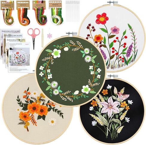 4 Pack Embroidery Kit for Beginners, Adults Cross Stitching DIY Starter Kits with Flower Printed Patterns, 2 Bamboo Embroidery Hoop, Color Threads, Needle Tool, Instructions, Gift for Hand Craft Lover in Saudi Arabia