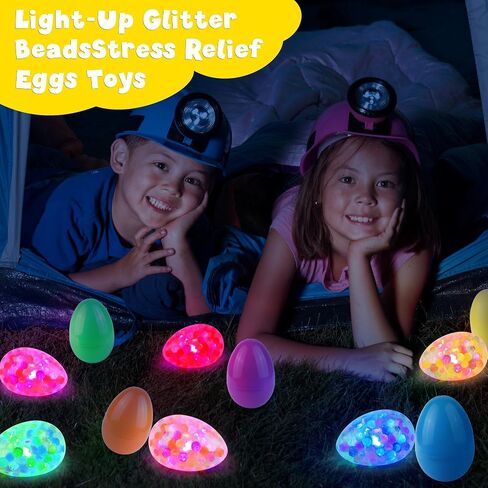 12 Pack Easter Eggs with Light-Up Grape Mesh Squishy Stress Ball, Glow in The Dark Squeeze Balls Sensory Toys for Kids Teens Easter Basket Stuffers Party Favors Gifts Classroom Prizes Easter Egg Hunt in Saudi Arabia