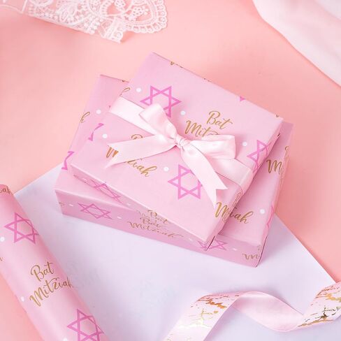 RUSPEPA Wrapping Paper Roll - Mini Roll - Pink Star of David Design Great for Bat Mitzvah, Party and Holiday - 17 Inches X 32.8 Feet in Saudi Arabia